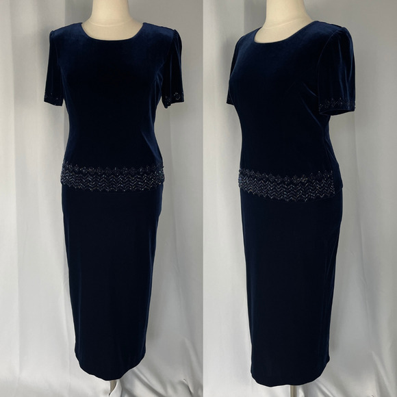 Vintage Formal Dress Size 14 Navy Blue Velvet Beaded Cocktail Party Y2K 90s - Picture 1 of 16